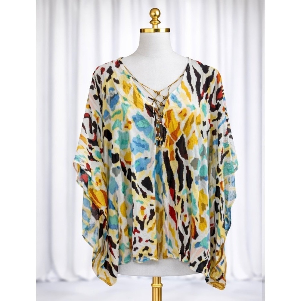 Anthropologie Kaftan Poncho Women S/M Multi‎ Color Abstract Lace Up Beaded